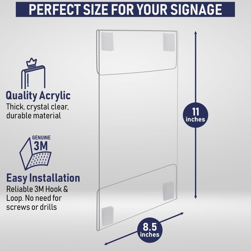 Dasher Products Acrylic Sign Holder with Hook and Loop Adhesive, 8.5 x 11 inches - Portrait or 11 x 8.5 inches - Landscape, Clear Wall Mount Frame, Perfect for home, office, store, restaurant (3 Pack) - Image 2